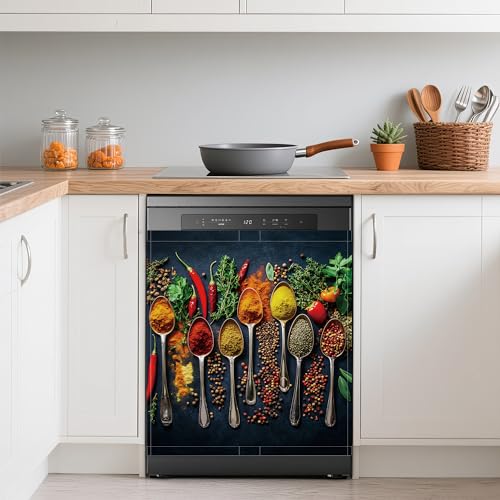 Dishwasher Cover with Spice Spoons Design - Reusable Magnetic Front Panel for Kitchen Decor 23x26 Inch