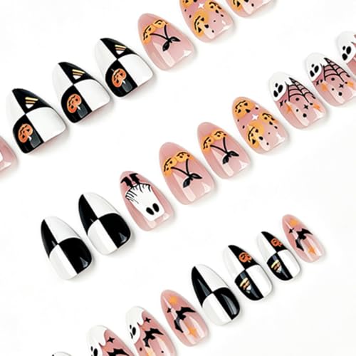 Halloween Short Almond Press On Nails - Style-4, 30 Pcs Reusable Fake Nails