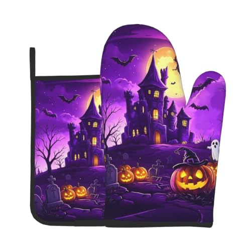 Halloween Purple Castle Oven Mitts and Pot Holders Set - Witch Bat Ghost Heat-Resistant Kitchen Gloves, 11"L x 7"W