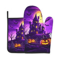 Halloween Purple Castle Oven Mitts and Pot Holders Set - Witch Bat Ghost Heat-Resistant Kitchen Gloves, 11"L x 7"W