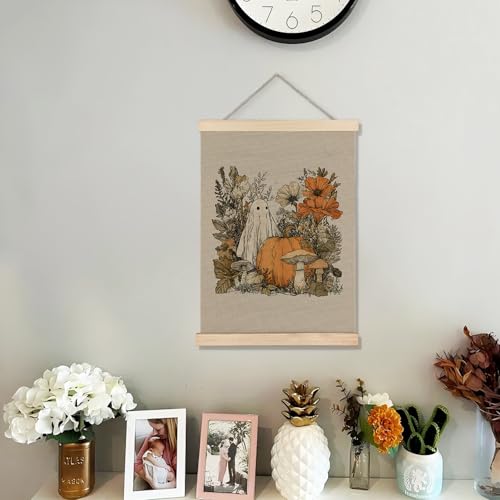 Gua Hua Halloween Fall Floral Pumpkin Ghost Wall Art Poster with Frame - 12x16 Inch Halloween Wall Decor for Home Bedroom Living Room - BearCake