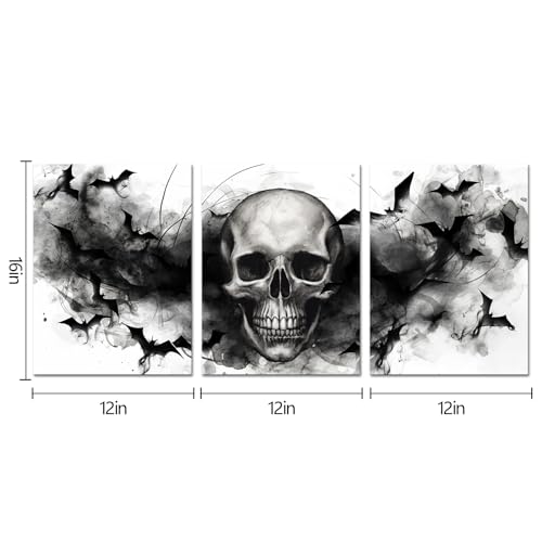 Black and White Skull Wall Art Set - Gothic Halloween Home Decor 12x16 Inch 3 Pieces