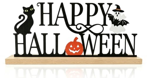 Halloween Table Decorations - Metal Happy Halloween Sign with Ghost Pumpkin Bat - Happy Halloween Variation