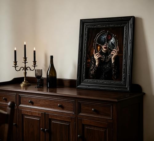 Dark Gothic Wall Art Poster - Victorian Woman with Broken Mirror, Framed, 16x12 in - Gothic Home Decor