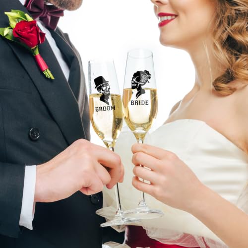 Gothic Wedding Cake Server Set with Skull Engraving & Champagne Glasses