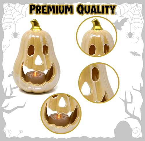 Set of 3 Halloween Ceramic Pumpkin Tea Light Holders Jack O Lantern Decor