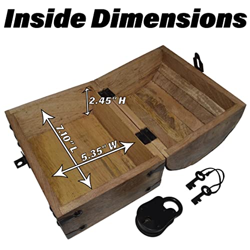 Pirate's Treasure Chest Jewelry Box with Lock & 2 Keys - 8x6x6 Inches, Wooden Nautical Decor - 1 Pack
