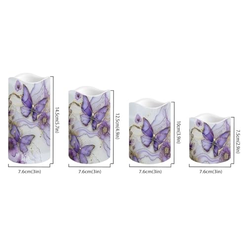 Purple Butterfly LED Pillar Candles Set of 4 with Remote & Timer - Color Changing Flameless Decor