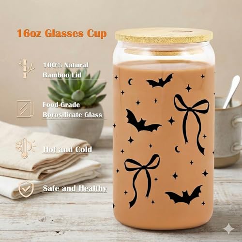 Halloween Glass Cup 16 Oz Bat Tumbler with Ghost Straw Topper - Black Bat Variation