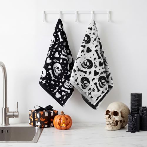 Halloween Skull Hand Towels Set - Black and White Cotton Bathroom Decor