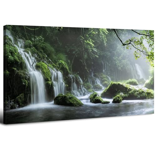 Forest Waterfall Canvas Wall Art - 57.8" x 30" Green Forest Nature Landscape Painting for Living Room & Bedroom - Waterfall Water Scene Wall Decor