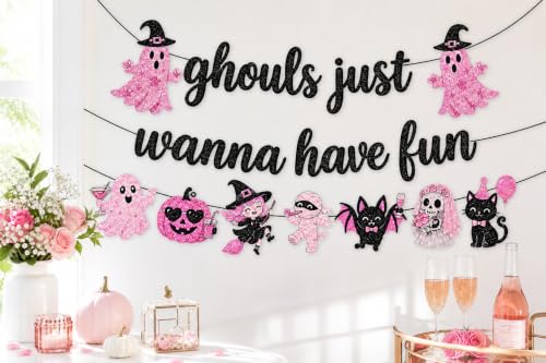 Ghouls Just Wanna Have Fun Halloween Banner - Pink & Black Spooky Party Decoration - Variation of Ghouls