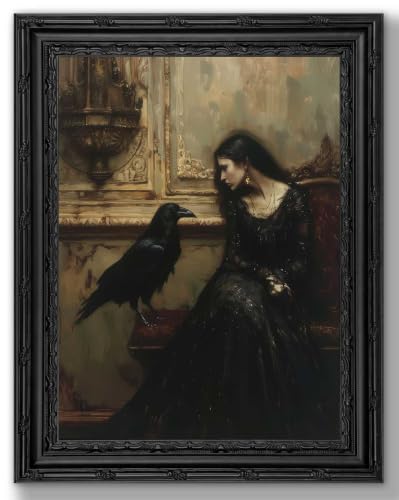 Gothic Woman Wall Art Canvas - Framed Victorian Raven Artwork, 16x12in - Dark Academia Home Decor