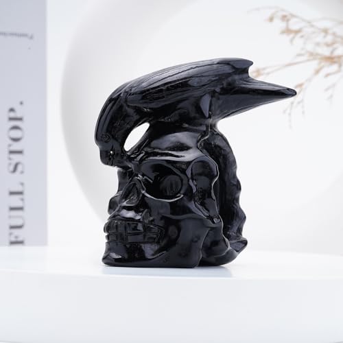 Obsidian Crystal Skull & Crow Hand Carved Statue - 3 Inch Reiki Healing Decor