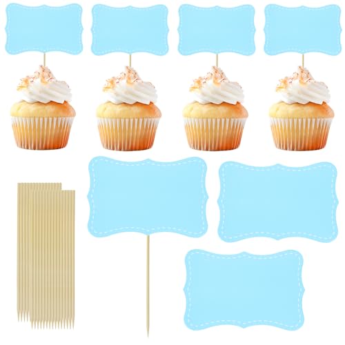 Blue Cake Cupcake Toppers Set - 20 Blank Food Picks for Party Decor