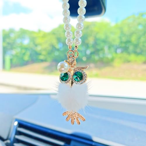 Car Rearview Mirror Decoration - Sparkling Owl with Pom Pom and Pearl Chain - White Variation