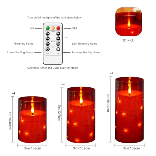 Flameless LED Candles with Timer 12 Pack - Red Flickering Candle Set