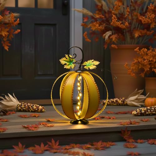 Outdoor Metal Pumpkin Decor - Fall Garden Decor, 9.3 Inch, Orange, Medium - Distressed Finish