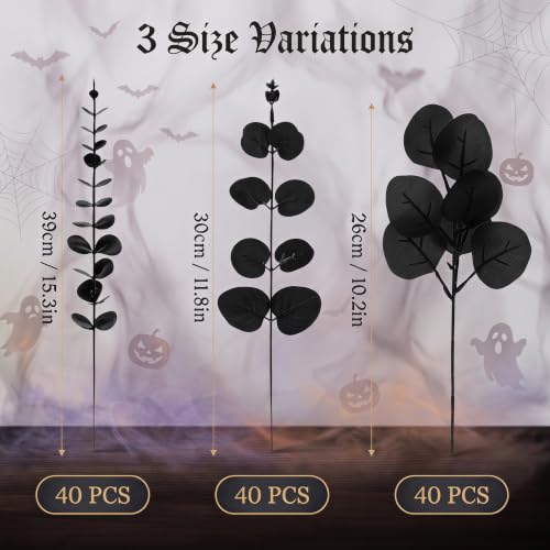 Black Artificial Eucalyptus Stems Set - 120 Pcs Dark Gothic Faux Foliage for Halloween & Industrial Decor - Variation: Black / 120