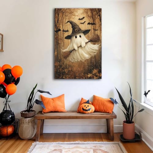 Halloween Ghost Cabin Wall Art Canvas - Spooky Ghost, Bats & Broomstick Scene, 16x24 Inches, Style 6