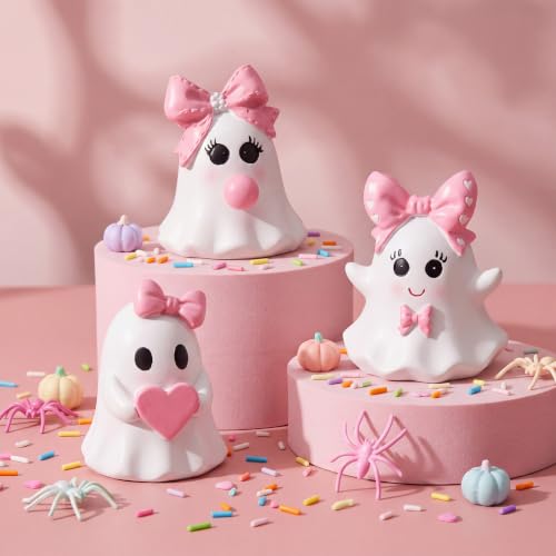 Pink Halloween Ghost Figurines Set - Bow Style, Resin, 3 Pieces
