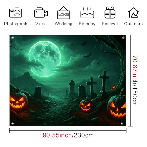 Halloween Backdrop Pumpkin Moon Scene 8x6ft - Spooky Cemetery & Full Moon - Variation of THIS listing