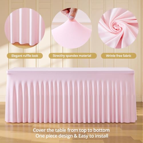 Pink Spandex Rectangle Tablecloth 6ft Pack - Elastic Fitted Cover with Skirt, 72x30 Inches, Pink