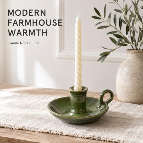 Green Reactive Glazed Ceramic Candle Holder with Handle - Taper & Spell Candles Stand