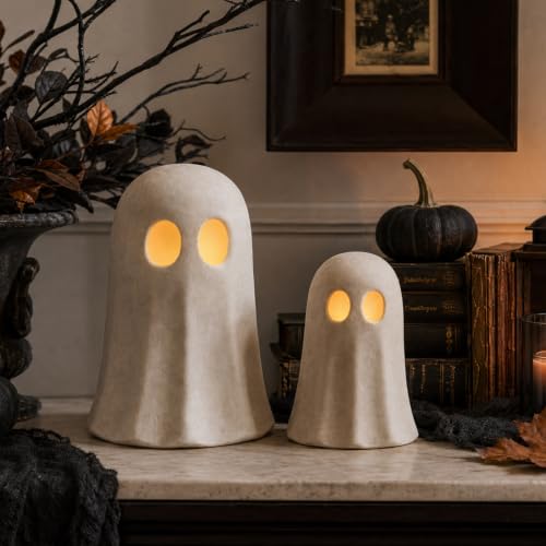Halloween Ghost Figurines with LED String Lights - 7.87 & 5.91 Inches, Terracotta Decor Set - 2 Pieces - Variation of THIS listing