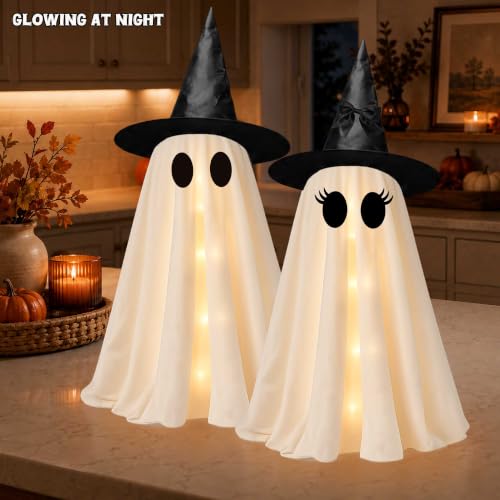 24 Inch Halloween Ghost Decorations - Light Up Ghosts with Witch Hats - DIY Spooky Yard Decor - 2 Pack
