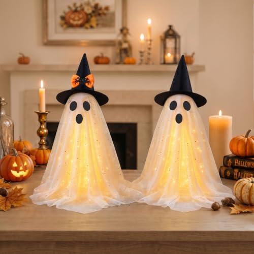 Lighted Ghost Halloween Decorations Set - 2 Pre-Assembled Spooky & Cute Ghosts with LED Lights