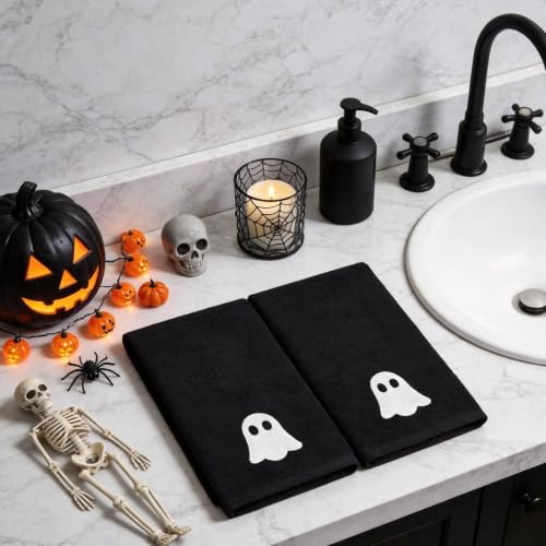 Halloween Hand Towels Set of 2 - Embroidered Ghost Bathroom Decor - Black Ghost Variation