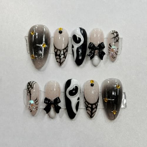 Colorful Ghost Spider Web Press On Nails with 3D Bow & Diamond - Halloween Fake Nails