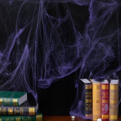 Purple Halloween Spider Web Decoration - 300 Sq Ft Stretchy Cobwebs with 30 Spiders