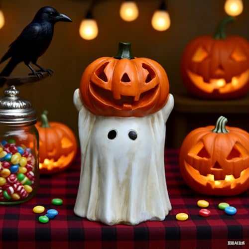 Halloween Ghost Decoration with Light-Up Jack-o'-Lantern Head - 7.7in White Ghost with Mini Pumpkin & LED Lights, Indoor & Outdoor Festive Decor - Variation of 7.7in Jack-o'-Lantern Head
