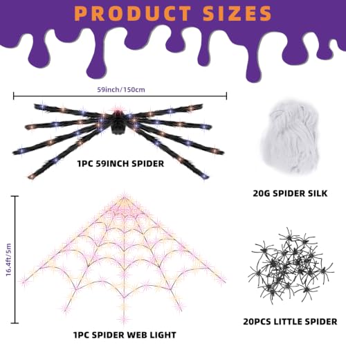 Outdoor Halloween Lighted Spider & Web Decor Set - Orange & Purple, Includes Spider & Mini Spiders