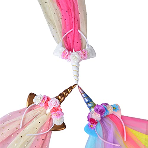 Unicorn Headband Set - Rainbow, Rose Gold & White Horns with Tulle for Birthday & Easter