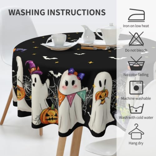 White Bat Ghost 60 Inch Water-Resistant Halloween Round Tablecloth - Reusable Decor