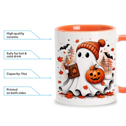 Halloween Ghost Coffee Mug with Spoon - Fall Ghost Gift for Book Lovers - Variation GhoPu26