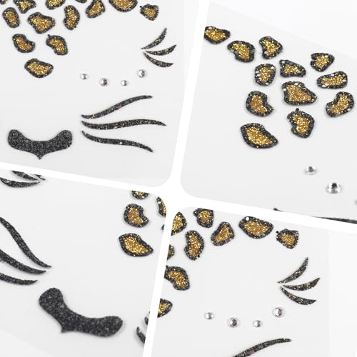 Leopard Face Stickers Halloween Face Tattoo with Rhinestones - Variation 01