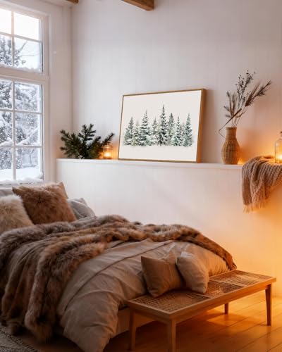 Large Framed Canvas Wall Art - Pine Forest Winter Scene, 16x24in, Rustic Holiday Decor - Pine Forest / 24"L x 16"W