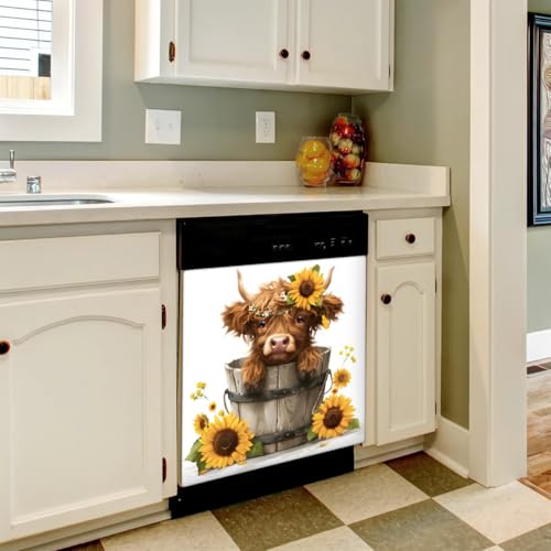 Sunflower Highland Cow Dishwasher Magnet Cover A-52 - Reusable Fridge Decor