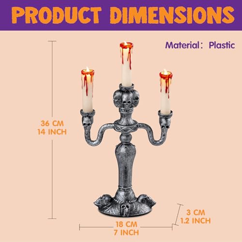 Skull Candelabra Halloween Decorations - 2 LED Flameless Candle Holders, Indoor Haunted House Decor