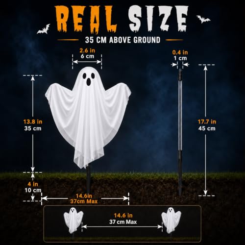 Set of 5 Halloween Lighted Ghost Stakes - Spooky Outdoor Yard Decorations with Remote Control & Timer - 17.7 Inch Glowing Ghost Pathway Lights