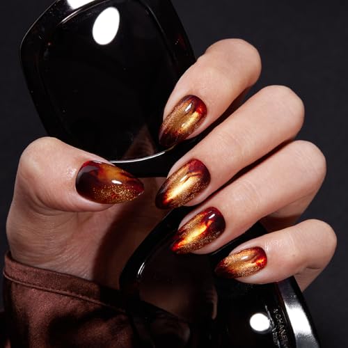 Press On Nails Short Almond with Glitter & Magnetic Effect - Warm Fireplace A2 Variation