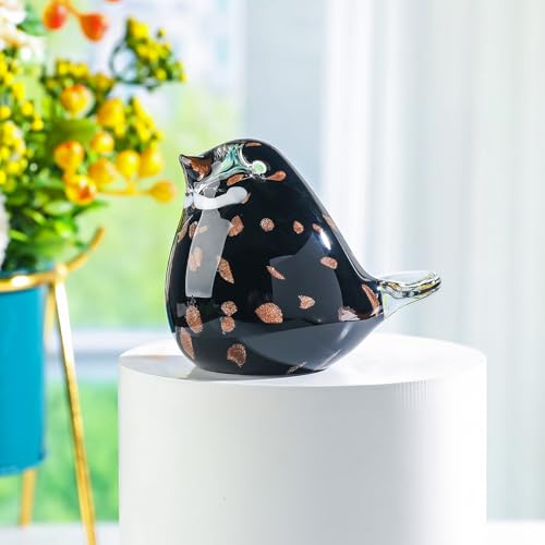 Black Blown Glass Bird Figurine Handmade Animal Sculpture Home Decor - LONGWIN
