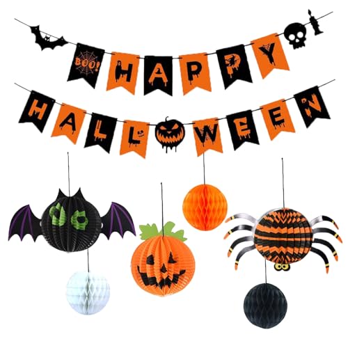 Halloween Banner with 6 Paper Honeycombs Party Decorations Set
