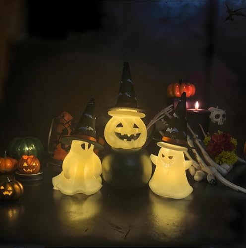 Light Up Ghost Pumpkin Figurine Set - Halloween Decor with Witch Hats - Classic Variation