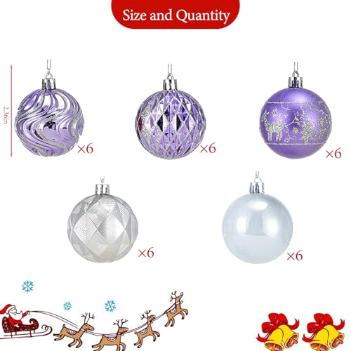 Unbreakable Christmas Ball Ornaments - Purple Silver, 2.36 Inch, 30 Pack - Holiday Tree Decor