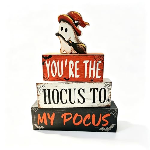 Halloween Wooden Tiered Block Decor Set - Spooky Ghost Witch & Puns for Indoor Party